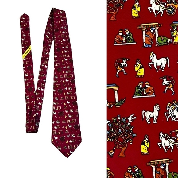 Salvatore Ferragamo 100% Silk Neck Tie Asian Horses People Micro Print Red Italy